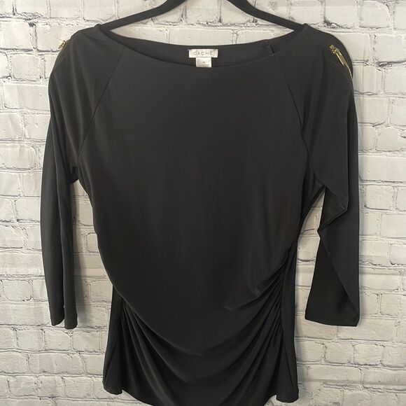 🌟✨ Cache Black Dressy Top - Size Medium - Gold Zippers on Sleeves - Picture 1 of 5